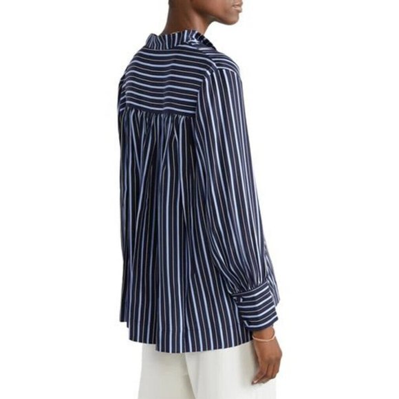 CO Striped Silk Crepe De Chine Shirt Sz XL Blue Button Front Band Collar Blouse - Picture 6 of 12